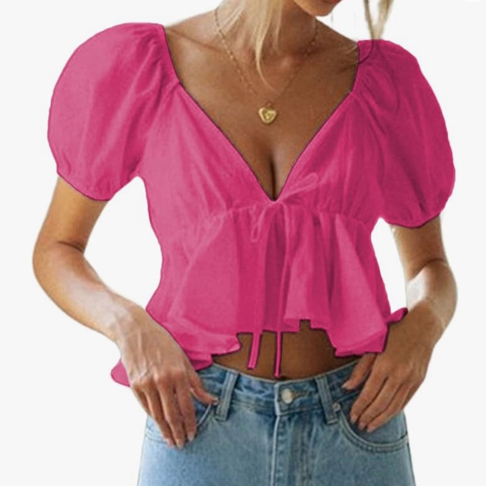 Remidoo Women's Puff Short Sleeve Tie Back